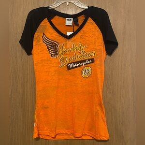 Harley-Davidson size small Vivid Orange and Black sheer v-neck tee